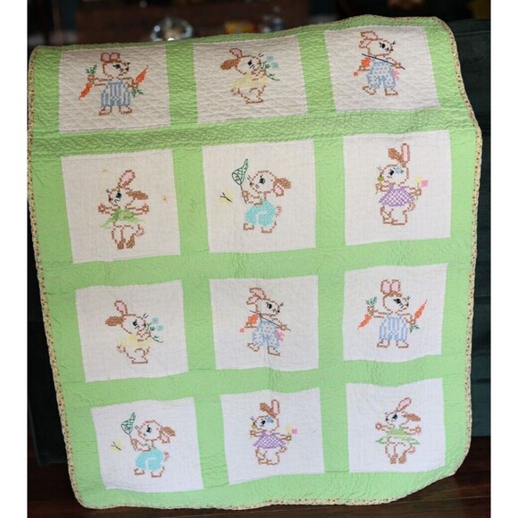 Vintage Peter Rabbit Cross Stitch Hand Embroidered Baby Quilt  Blanket 39X29 - Picture 11 of 15